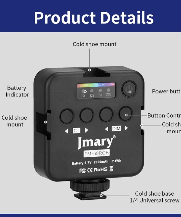 Jmary FM 69RGB Portable Mini RGB Video Light Camera Light Photography Lighting Lamp - Image 3