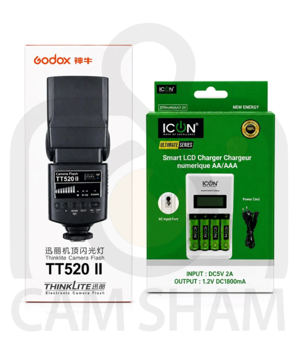 Godox TT520 II Flash with ICON 4x 2700 Cell & Charger Bundle