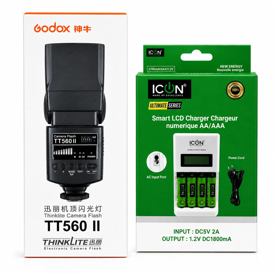 Godox TT560 II Flash with ICON 4x 2700mAh Cells & Charger Bundle Godox TT560 II Flash with ICON 4x 2700mAh Cells & Charger Bundle